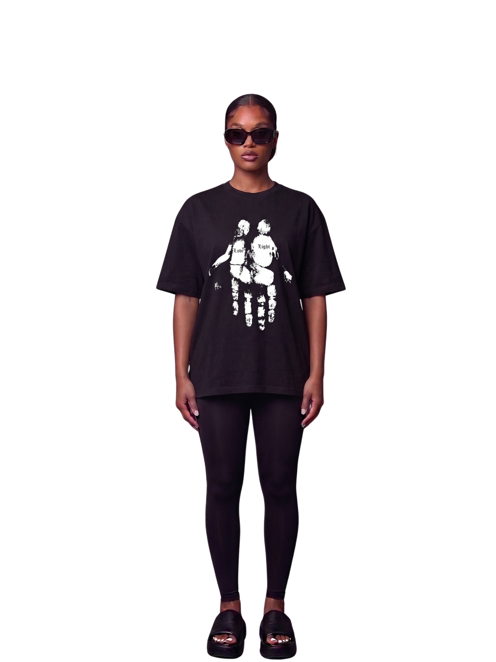 Godspeed black oversized graphic t shirt at unseen grail. local brands south africa. streetwear. men and women. female model front view full outfit. galxboy, bantu, el patron, drip
