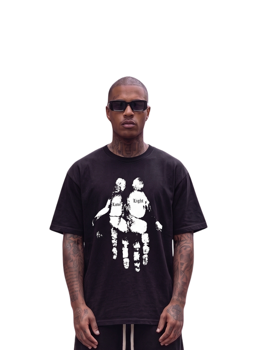 Godspeed black oversized graphic t shirt at unseen grail. local brands south africa. streetwear. men and women. male model front view. galxboy, bantu, el patron, drip