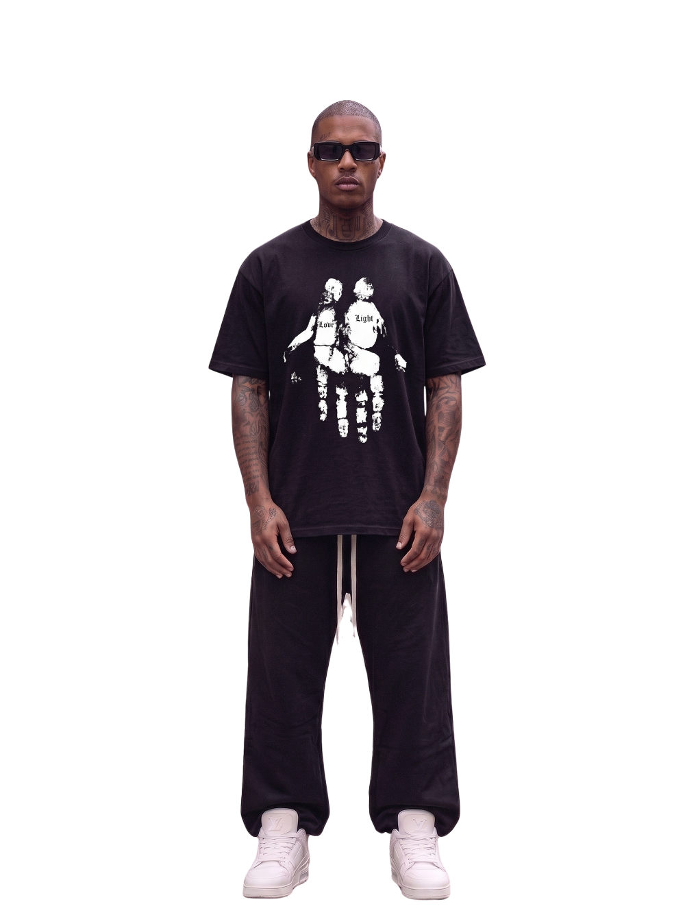 Godspeed black oversized graphic t shirt at unseen grail. local brands south africa. streetwear. men and women. male model front view full outfit. galxboy, bantu, el patron, drip