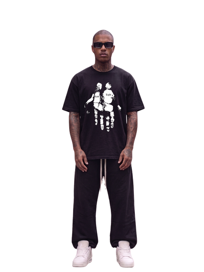 Godspeed black oversized graphic t shirt at unseen grail. local brands south africa. streetwear. men and women. male model front view full outfit. galxboy, bantu, el patron, drip