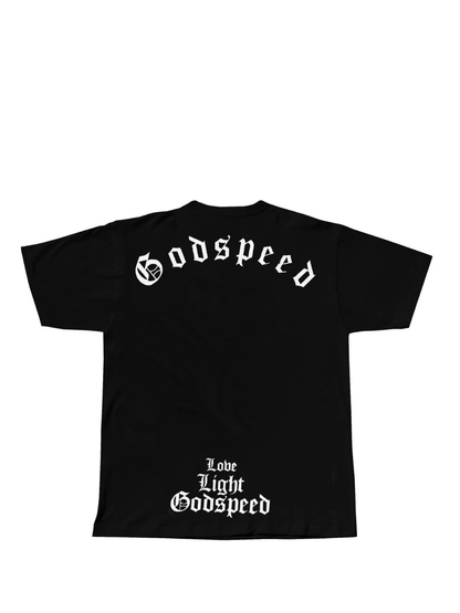 Godspeed black oversized graphic t shirt at unseen grail. local brands south africa. streetwear. men and women. studio flatlay behind. galxboy, bantu, el patron, drip