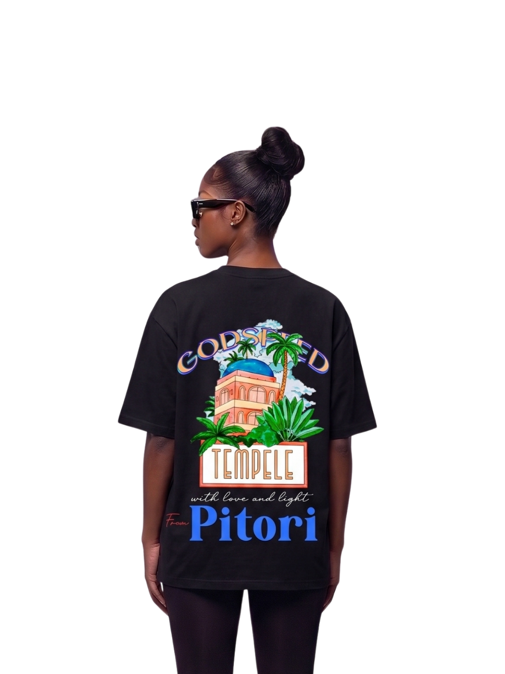 Godspeed black oversized graphic t shirt at unseen grail. local brands south africa. streetwear. men and women. studio image behind female model. galxboy, bantu, el patron, drip