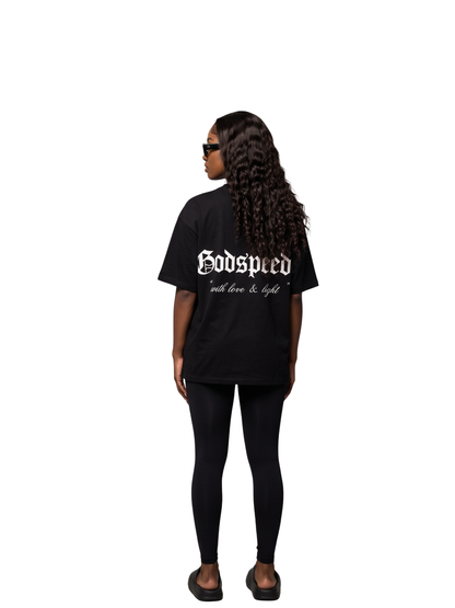 Godspeed black oversized graphic t shirt at unseen grail. local brands south africa. streetwear. men and women. studio image behind female model full outfit. galxboy, bantu, boys of soweto