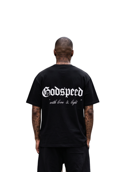 Godspeed black oversized graphic t shirt at unseen grail. local brands south africa. streetwear. men and women. studio image behind male model. galxboy, bantu, boys of soweto