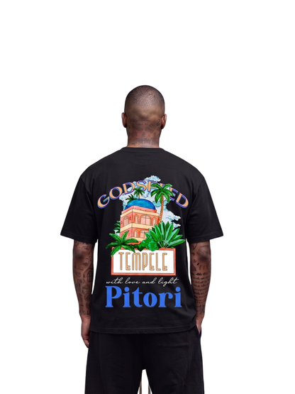 Godspeed black oversized graphic t shirt at unseen grail. local brands south africa. streetwear. men and women. studio image behind male model. galxboy, bantu, el patron, drip