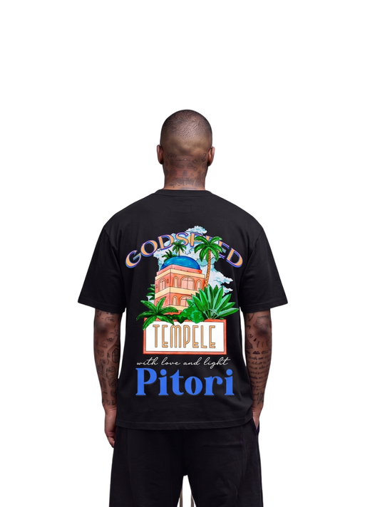 Godspeed black oversized graphic t shirt at unseen grail. local brands south africa. streetwear. men and women. studio image behind male model. galxboy, bantu, el patron, drip