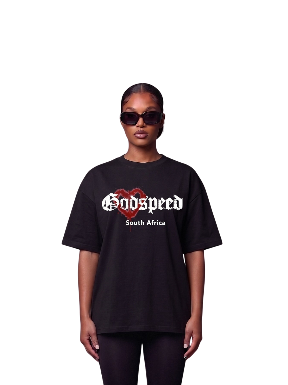 Godspeed black oversized graphic t shirt at unseen grail. local brands south africa. streetwear. men and women. studio image female model front view. galxboy, bantu