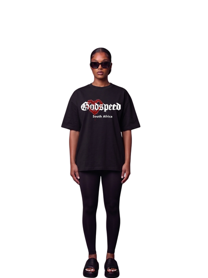 Godspeed black oversized graphic t shirt at unseen grail. local brands south africa. streetwear. men and women. studio image female model front view full outfit. galxboy, bantu