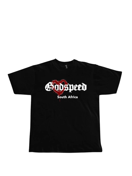 Godspeed black oversized graphic t shirt at unseen grail. local brands south africa. streetwear. men and women. studio image flatlay front. galxboy, bantu