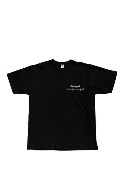 Godspeed black oversized graphic t shirt at unseen grail. local brands south africa. streetwear. men and women. studio image flatlay front. galxboy, bantu, el patron, drip