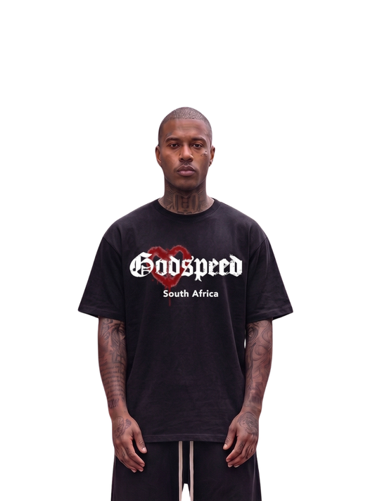 Godspeed black oversized graphic t shirt at unseen grail. local brands south africa. streetwear. men and women. studio image male model front view. galxboy, bantu