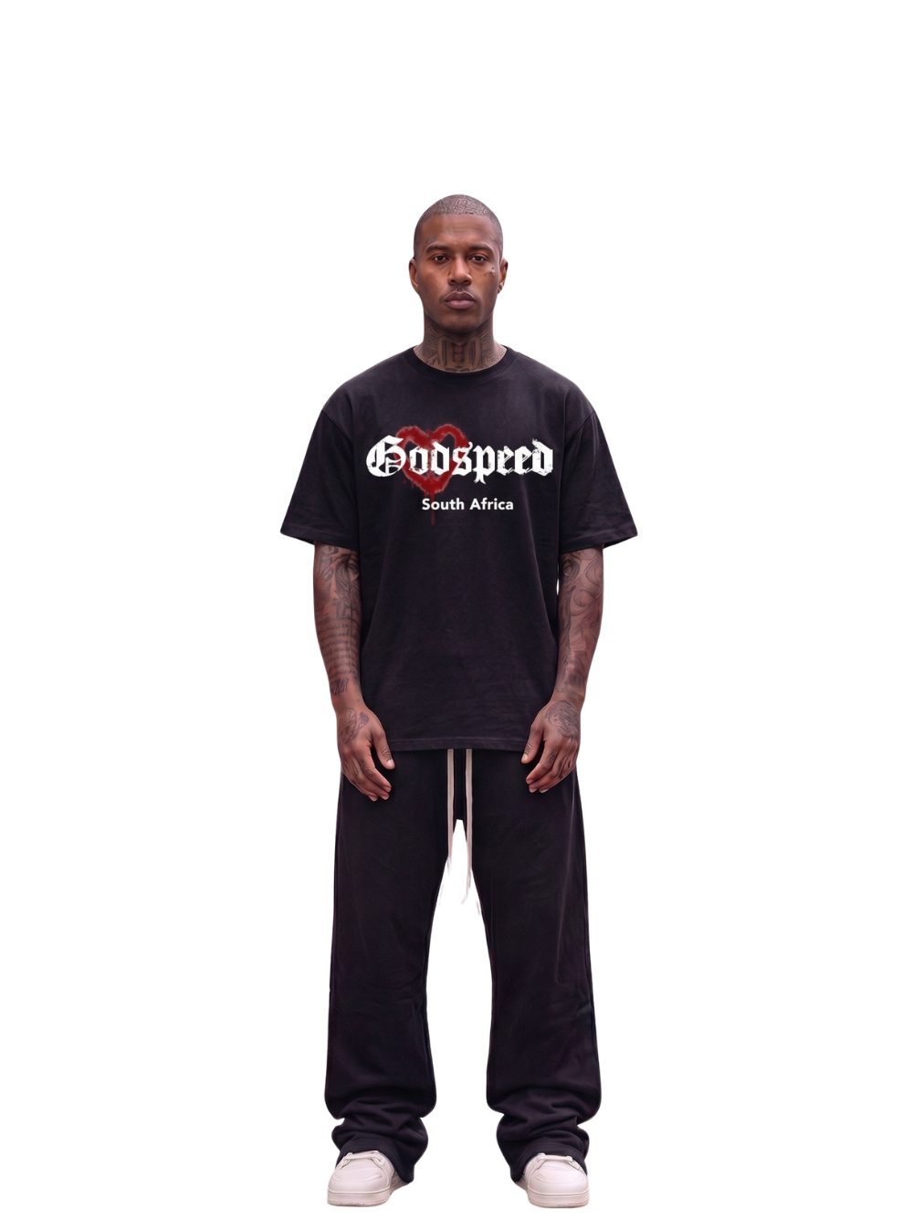 Godspeed black oversized graphic t shirt at unseen grail. local brands south africa. streetwear. men and women. studio image male model front view full outfit. galxboy, bantu