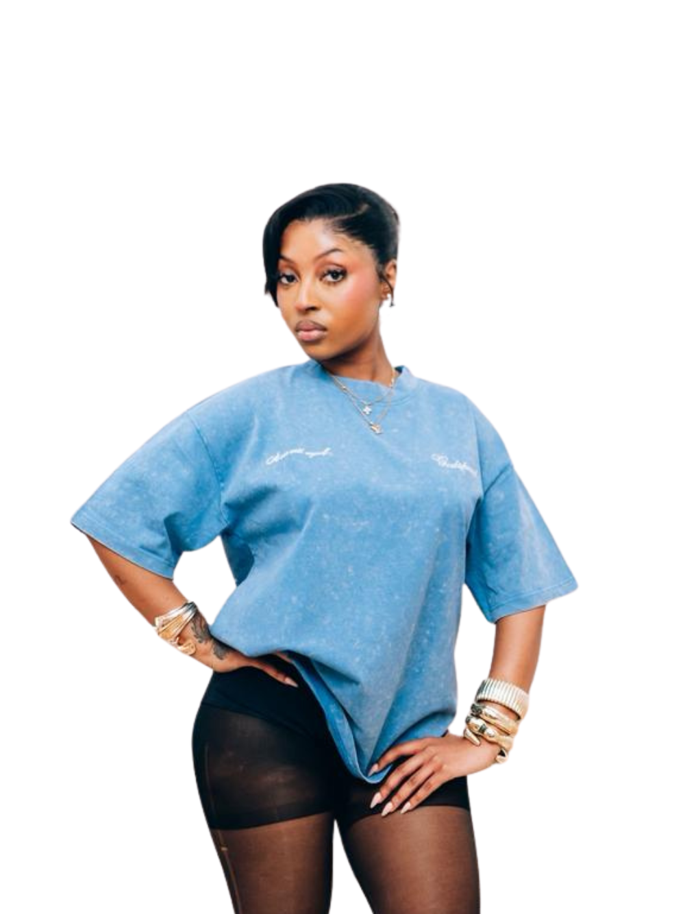Godspeed blue oversized graphic t shirt at unseen grail. local brands south africa. streetwear. men and women. studio image female model front. galxboy, bantu, adidas