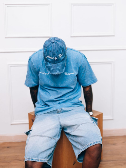 Godspeed blue oversized graphic t shirt at unseen grail. local brands south africa. streetwear. men and women. studio image male model front. galxboy, bantu