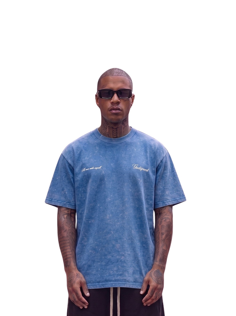Godspeed blue oversized graphic t shirt at unseen grail. local brands south africa. streetwear. men and women. studio image male model front. galxboy, bantu, adidas
