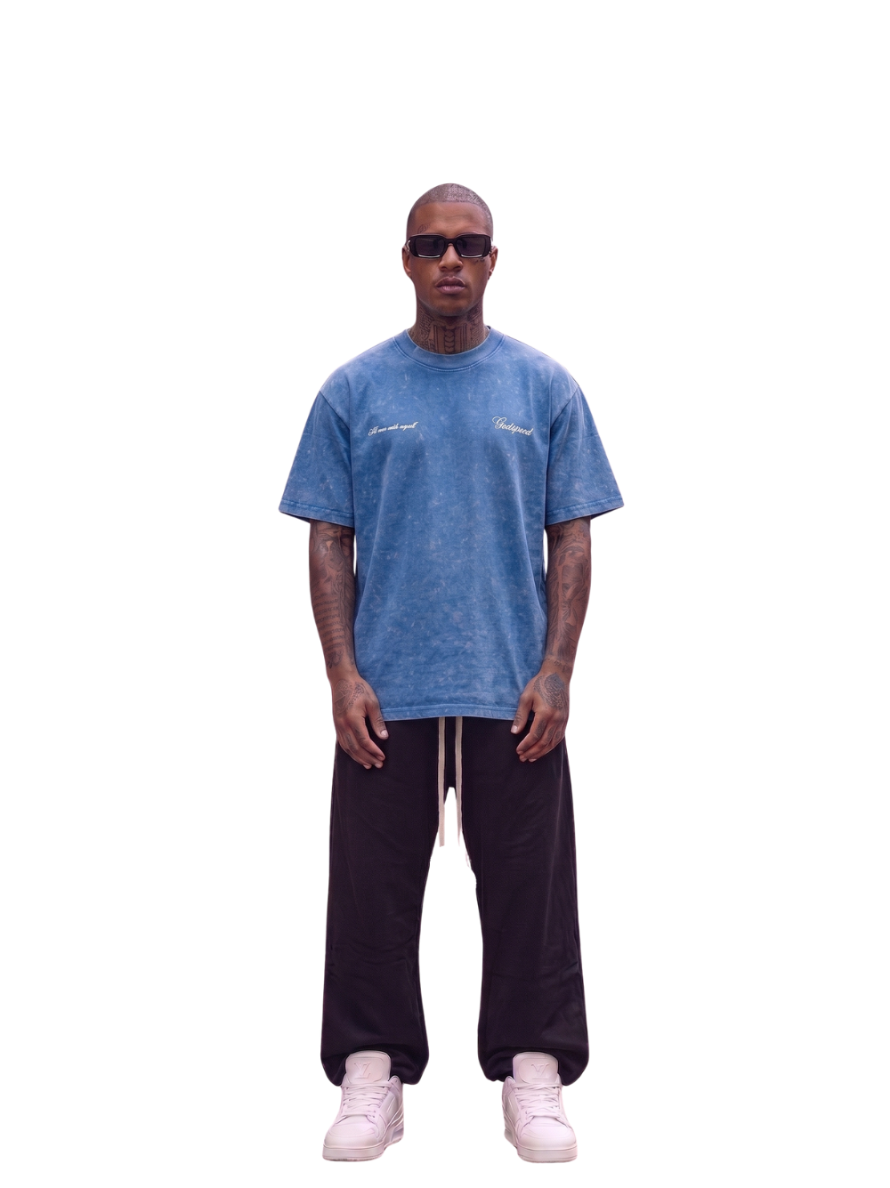 Godspeed blue oversized graphic t shirt at unseen grail. local brands south africa. streetwear. men and women. studio image male model front full outfit. galxboy, bantu