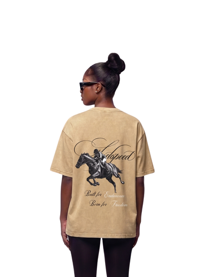 Godspeed cream oversized graphic t shirt at unseen grail. local brands south africa. streetwear. men and women. studio image female model behind. galxboy, bantu, nike