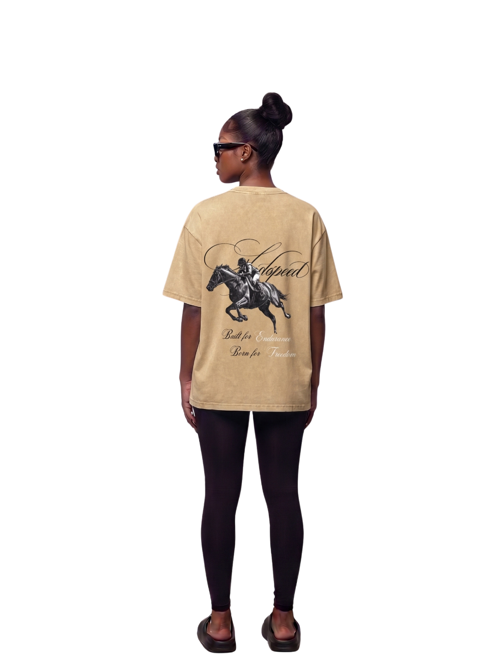 Godspeed cream oversized graphic t shirt at unseen grail. local brands south africa. streetwear. men and women. studio image female model behind full outfit. galxboy, bantu, nike
