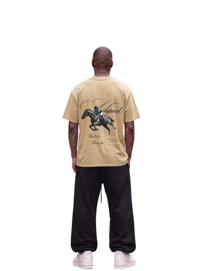 Godspeed cream oversized graphic t shirt at unseen grail. local brands south africa. streetwear. men and women. studio image male model behind full outfit. galxboy, bantu, nike