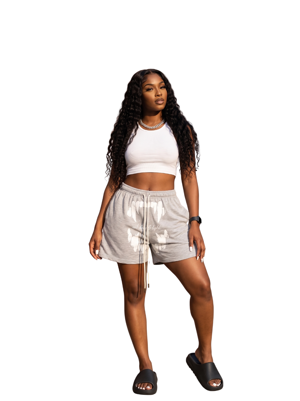 Godspeed grey oversized graphic shorts at unseen grail. local brands south africa. streetwear. men and women. studio image front female model full outfit. galxboy, bantu, boys of soweto