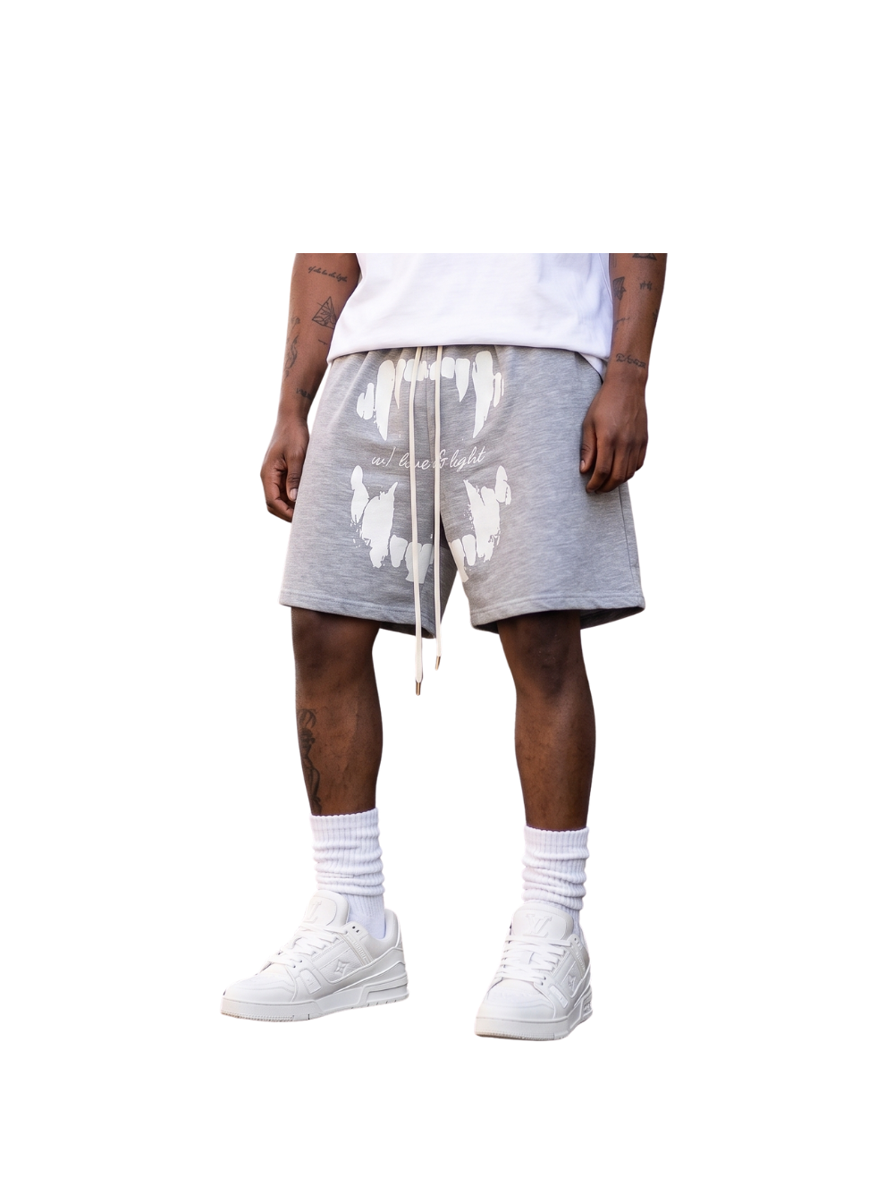 Godspeed grey oversized graphic shorts at unseen grail. local brands south africa. streetwear. men and women. studio image front male model. galxboy, bantu, boys of soweto