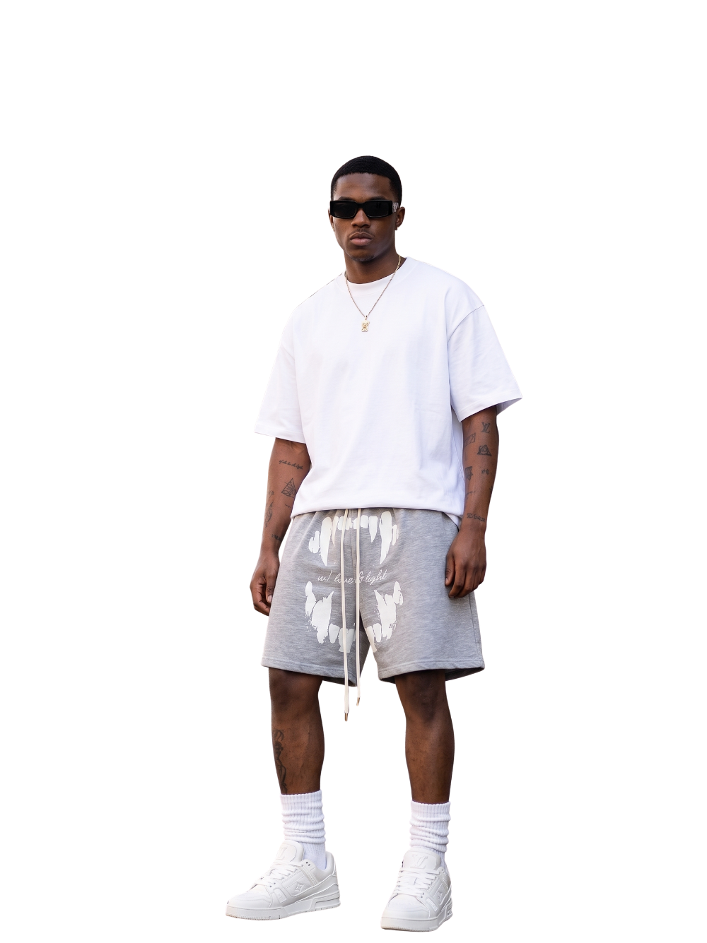 Godspeed grey oversized graphic shorts at unseen grail. local brands south africa. streetwear. men and women. studio image front male model full outfit. galxboy, bantu, boys of soweto