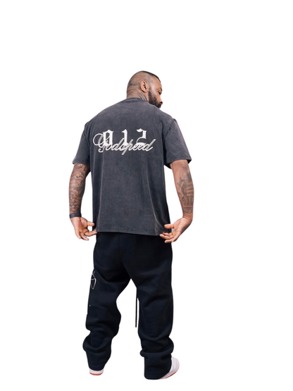 Godspeed grey oversized graphic t shirt at unseen grail. local brands south africa. streetwear. men and women. studio image behind full outfit. galxboy, bantu, represent