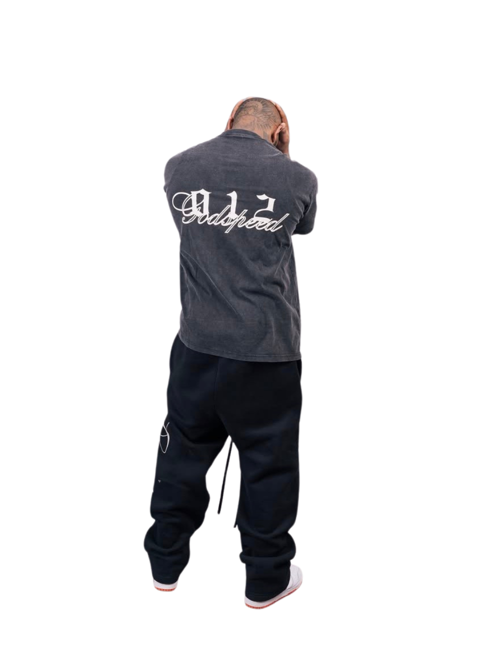 Godspeed grey oversized graphic t shirt at unseen grail. local brands south africa. streetwear. men and women. studio image behind full outfit male model. galxboy, bantu, represent