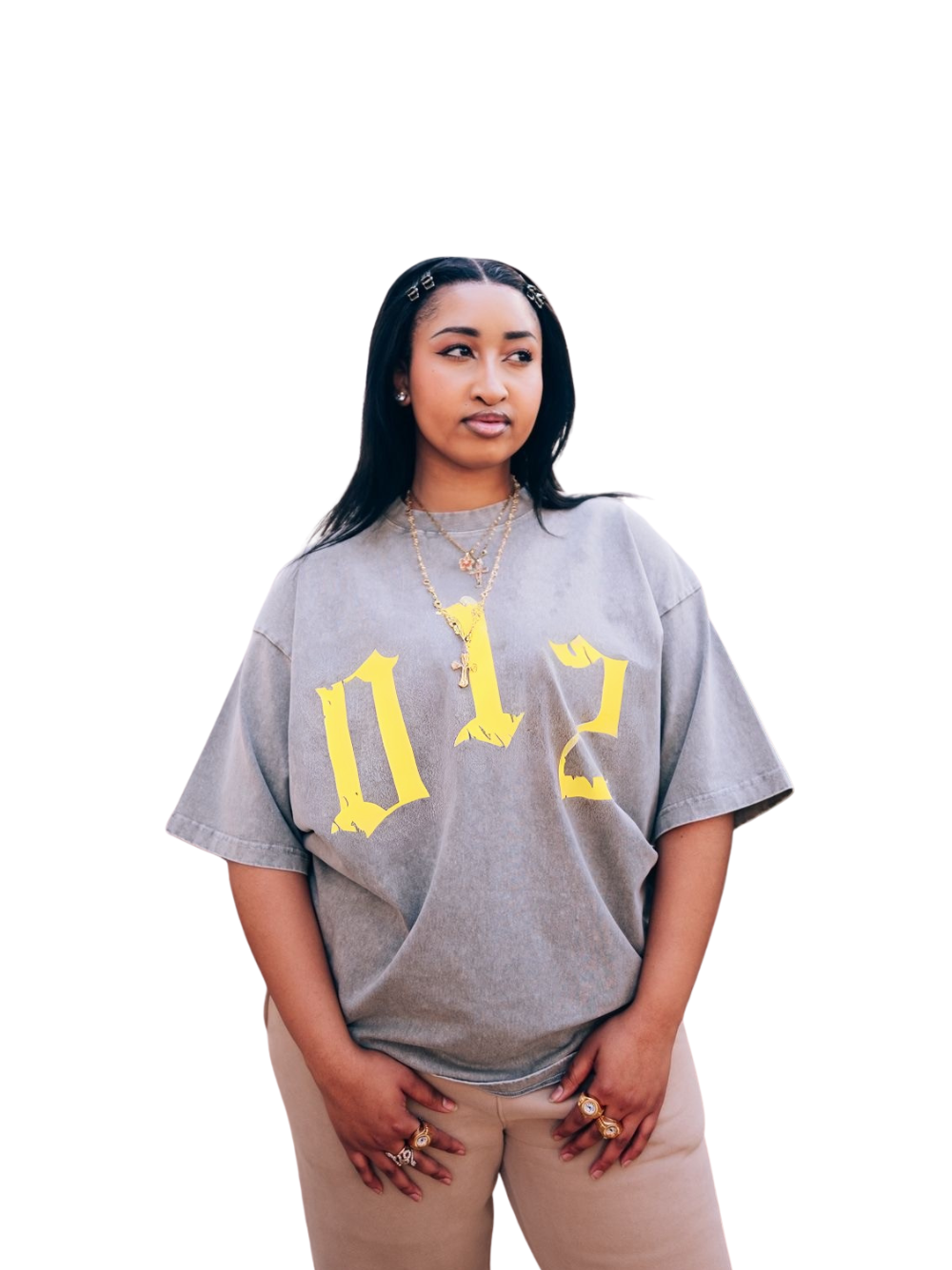 Godspeed grey oversized graphic t shirt at unseen grail. local brands south africa. streetwear. men and women. studio image female model front. galxboy, bantu, adidas
