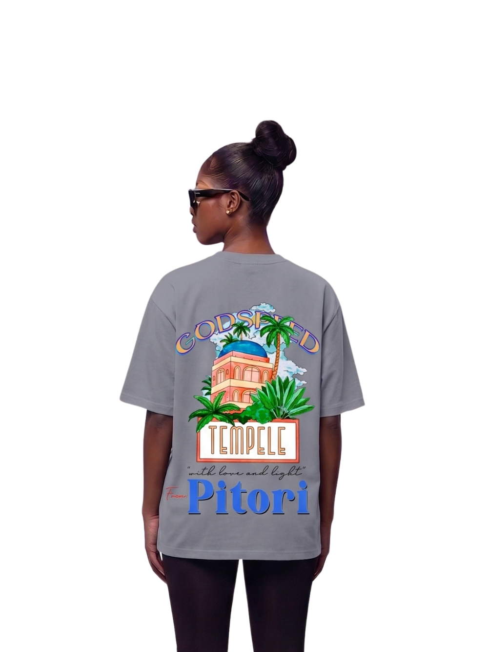 Godspeed grey oversized graphic t shirt at unseen grail. local brands south africa. streetwear. men and women. studio image front female model. galxboy, bantu, el patron. 