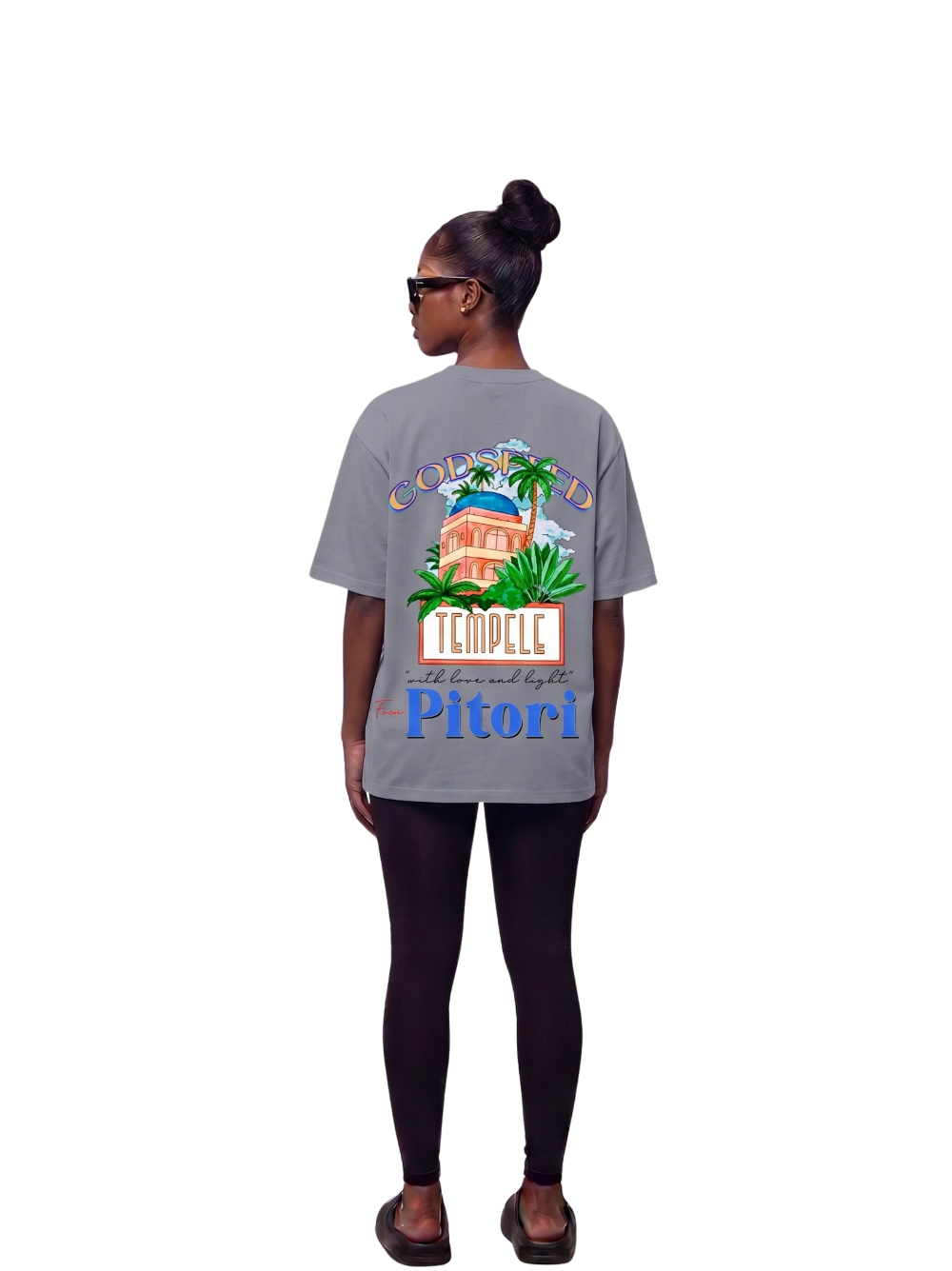 Godspeed grey oversized graphic t shirt at unseen grail. local brands south africa. streetwear. men and women. studio image front female model. galxboy, bantu, el patron. full outfit