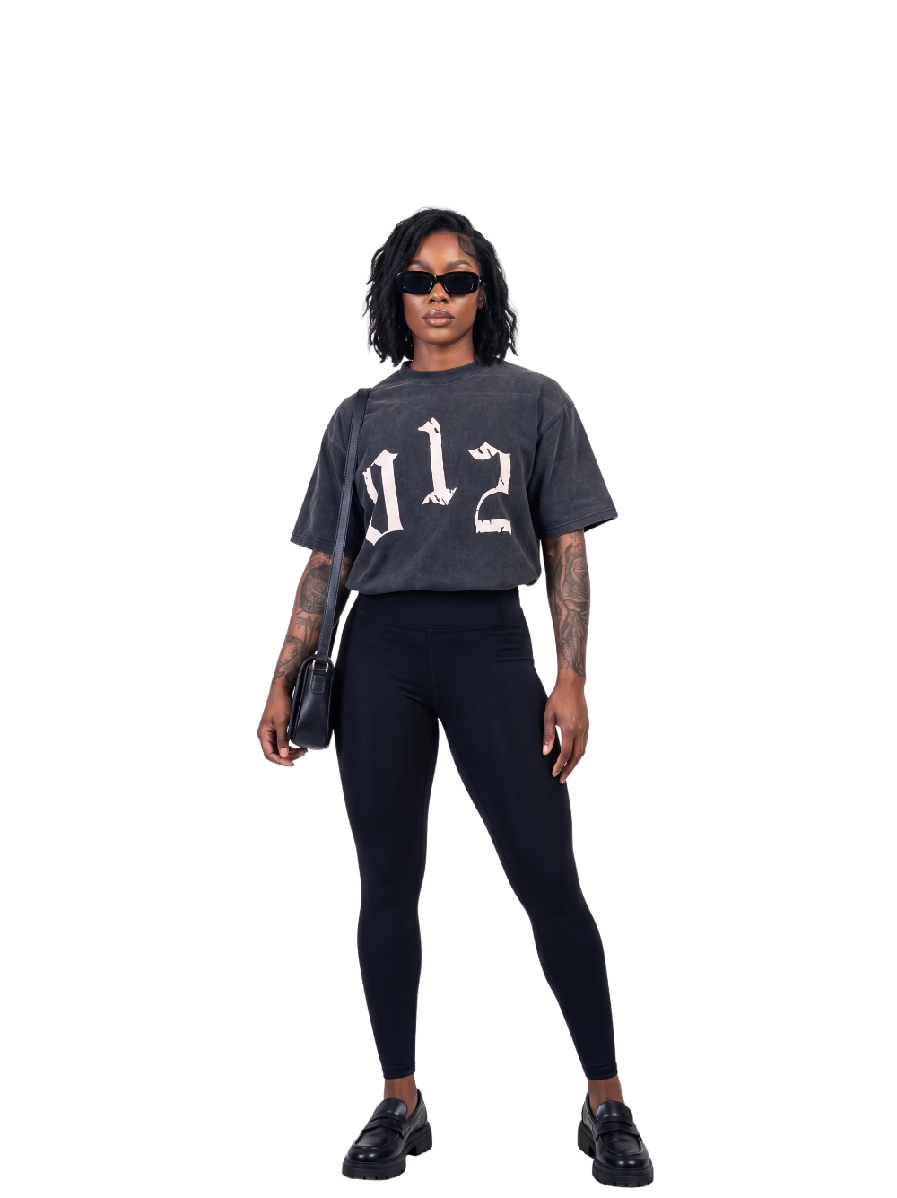 Godspeed grey oversized graphic t shirt at unseen grail. local brands south africa. streetwear. men and women. studio image front full outfit female model. galxboy, bantu, represent