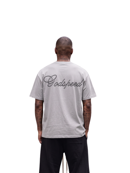 Godspeed grey oversized graphic t shirt at unseen grail. local brands south africa. streetwear. men and women. studio image male model behind. galxboy, bantu, nike