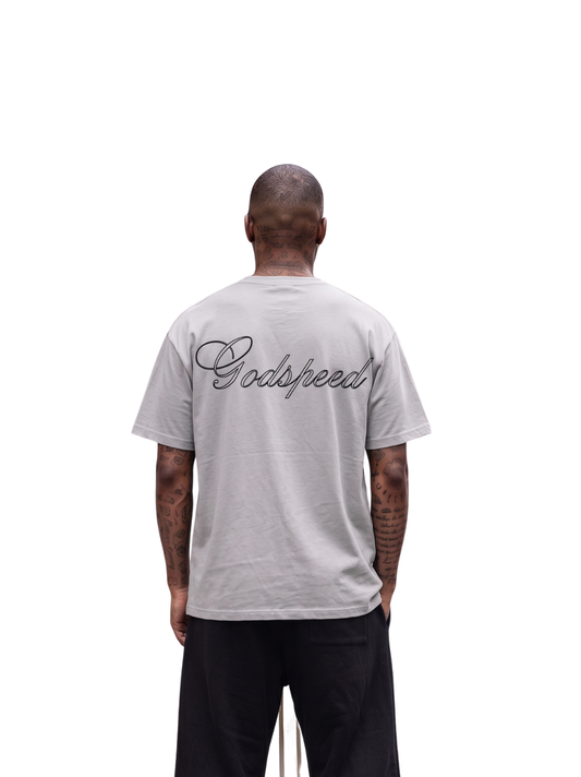 Godspeed grey oversized graphic t shirt at unseen grail. local brands south africa. streetwear. men and women. studio image male model behind. galxboy, bantu, nike