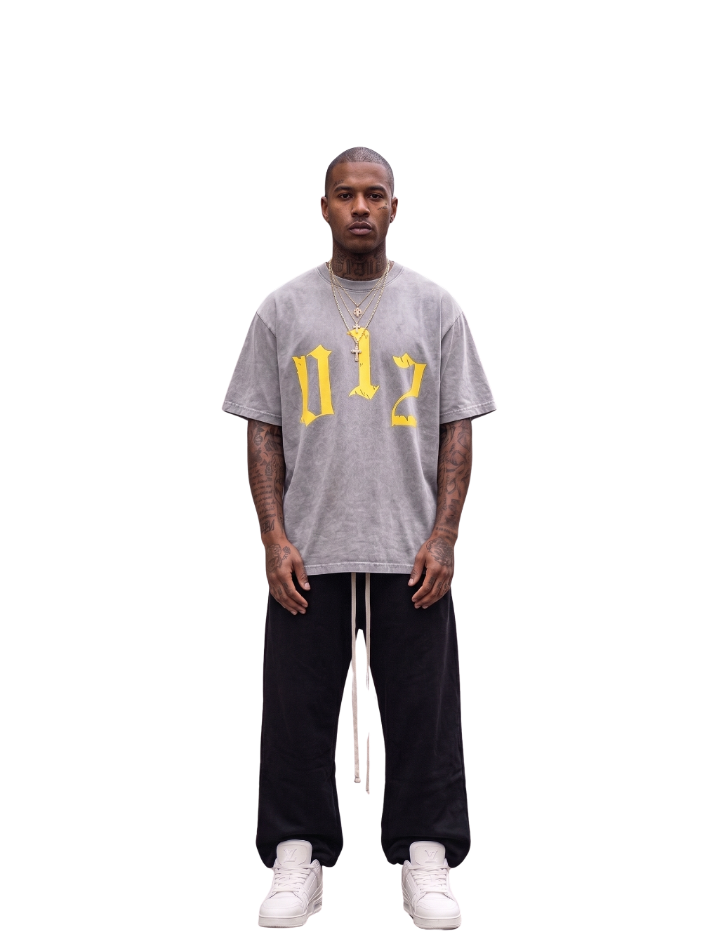 Godspeed grey oversized graphic t shirt at unseen grail. local brands south africa. streetwear. men and women. studio image male model front full outfit. galxboy, bantu, adidas