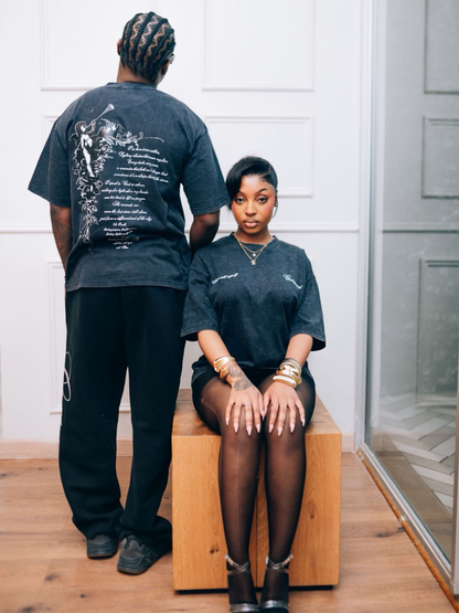 Godspeed washed black/grey oversized graphic t shirt at unseen grail. local brands south africa. streetwear. men and women. studio image female model and front. galxboy, bantu, adidas