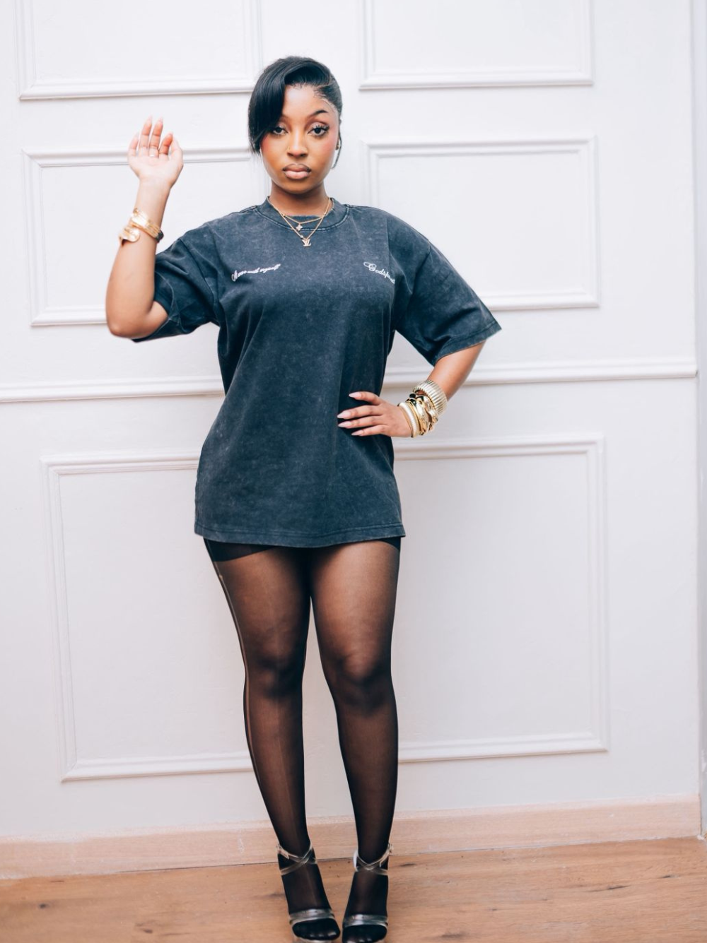 Godspeed washed black/grey oversized graphic t shirt at unseen grail. local brands south africa. streetwear. men and women. studio image female model front full outfit. galxboy, bantu, adidas
