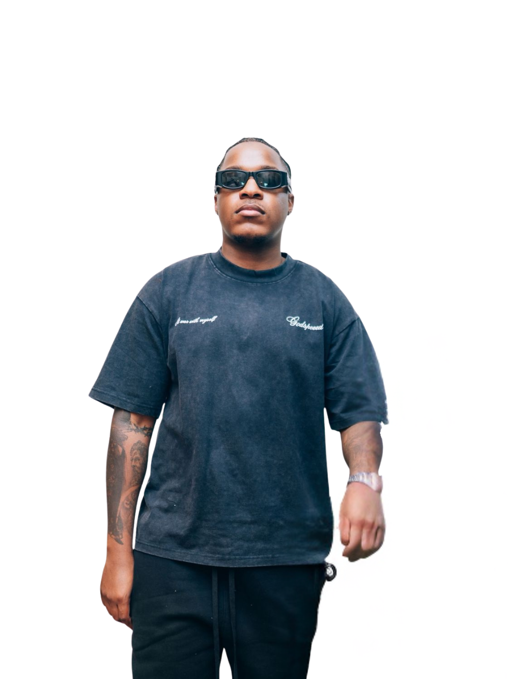 Godspeed washed black/grey oversized graphic t shirt at unseen grail. local brands south africa. streetwear. men and women. studio image male model front. galxboy, bantu, adidas