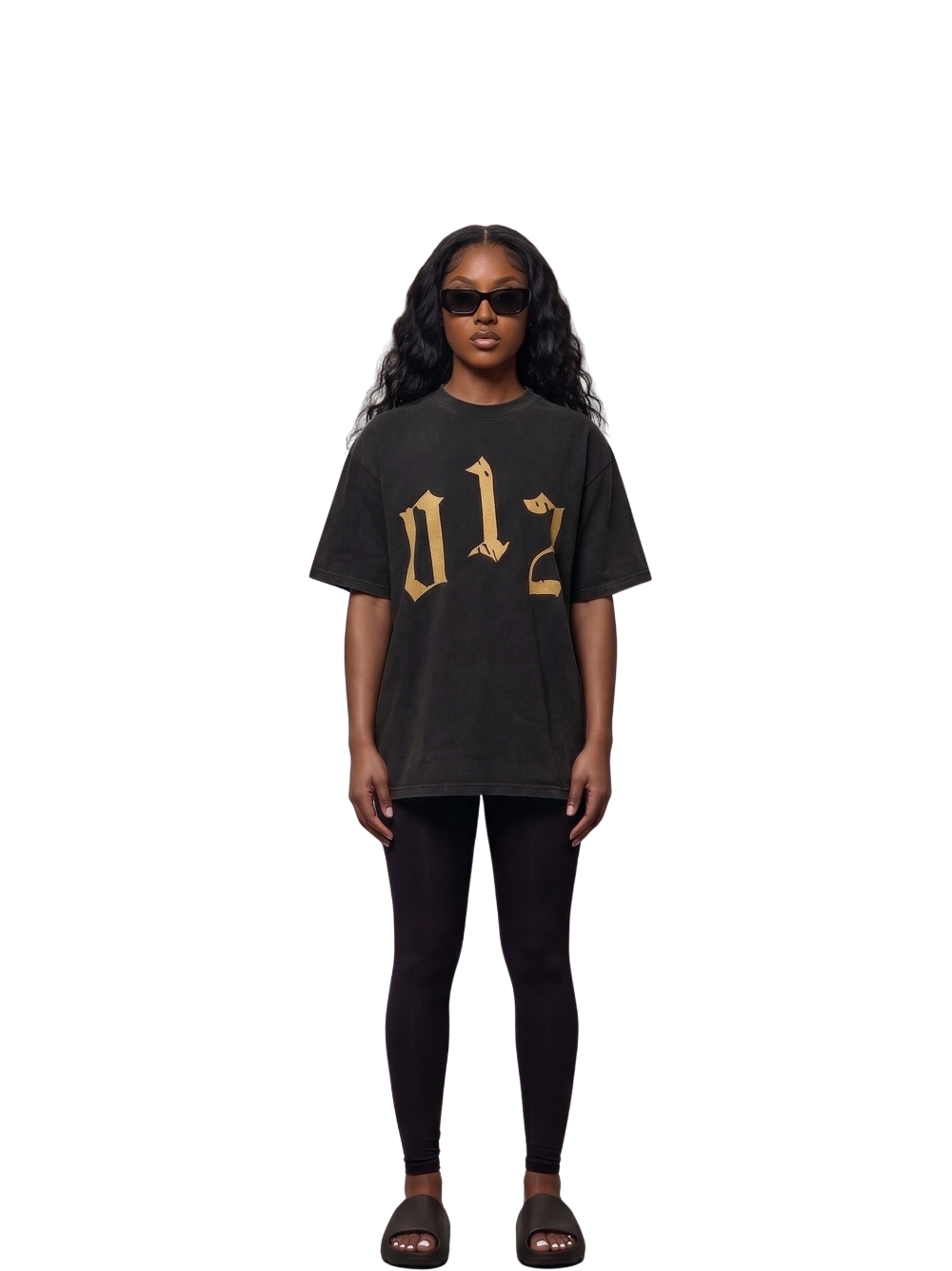 Godspeed washed black oversized graphic t shirt at unseen grail. local brands south africa. streetwear. men and women. studio image female model front full outfit. galxboy, bantu, adidas
