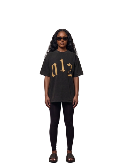 Godspeed washed black oversized graphic t shirt at unseen grail. local brands south africa. streetwear. men and women. studio image female model front full outfit. galxboy, bantu, adidas