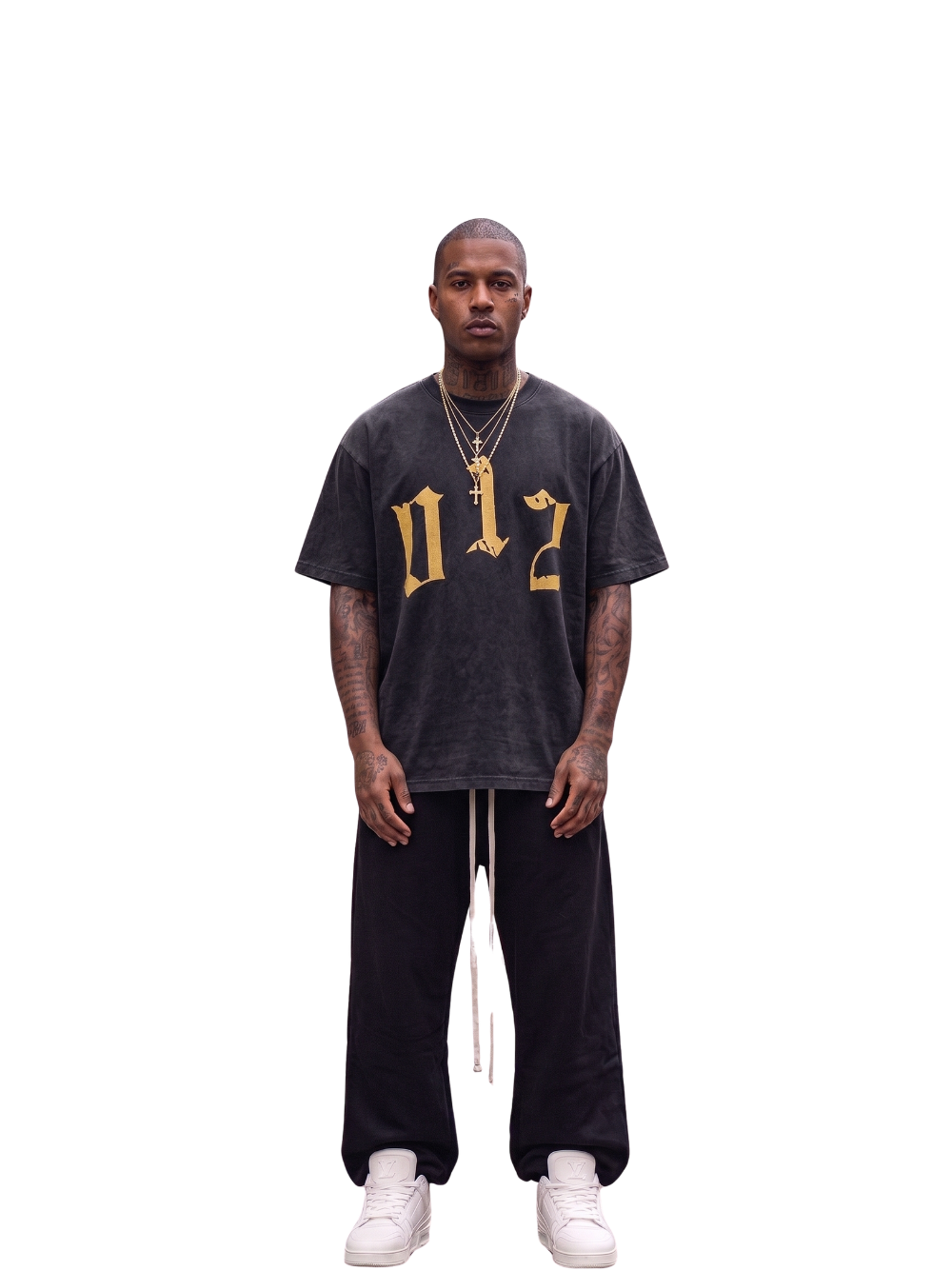 Godspeed washed black oversized graphic t shirt at unseen grail. local brands south africa. streetwear. men and women. studio image male model front full outfit. galxboy, bantu, adidas