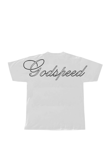 Godspeed white oversized graphic t shirt at unseen grail. local brands south africa. streetwear. men and women. studio image behind. galxboy, bantu, nike