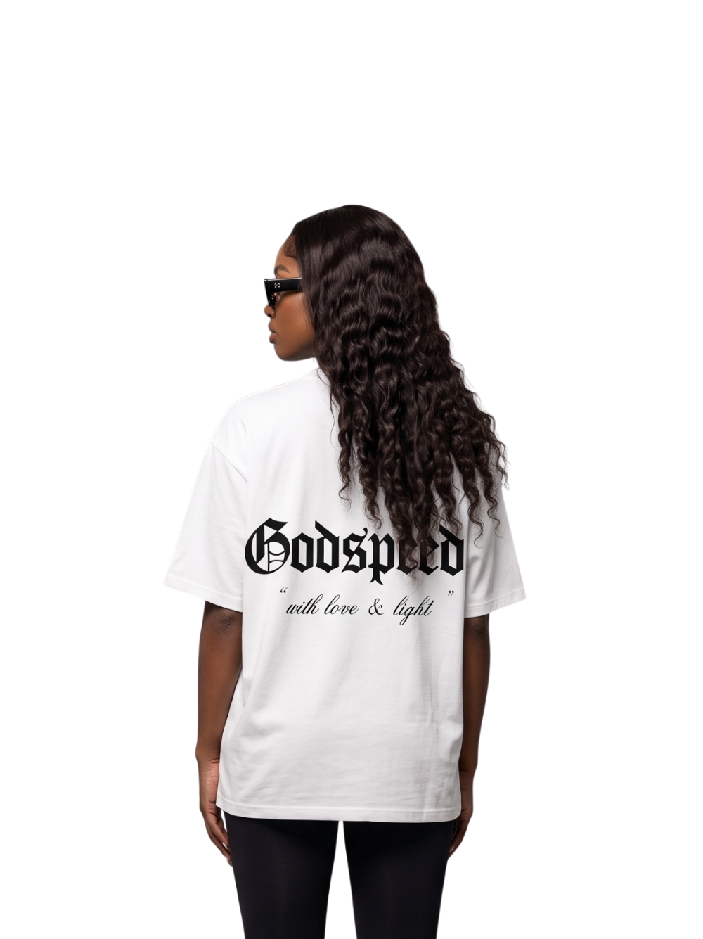 Godspeed white oversized graphic t shirt at unseen grail. local brands south africa. streetwear. men and women. studio image behind female model full outfit. galxboy, bantu, boys of soweto