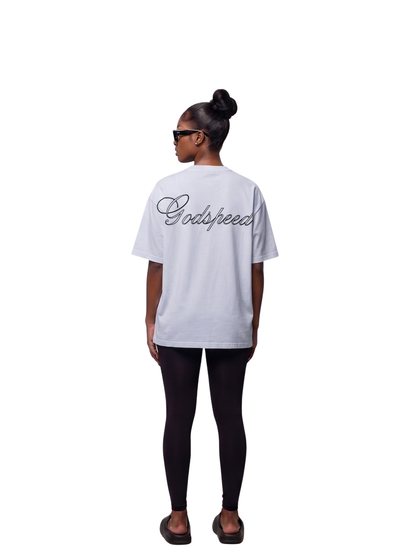Godspeed white oversized graphic t shirt at unseen grail. local brands south africa. streetwear. men and women. studio image behind female model full outfit. galxboy, bantu, nike