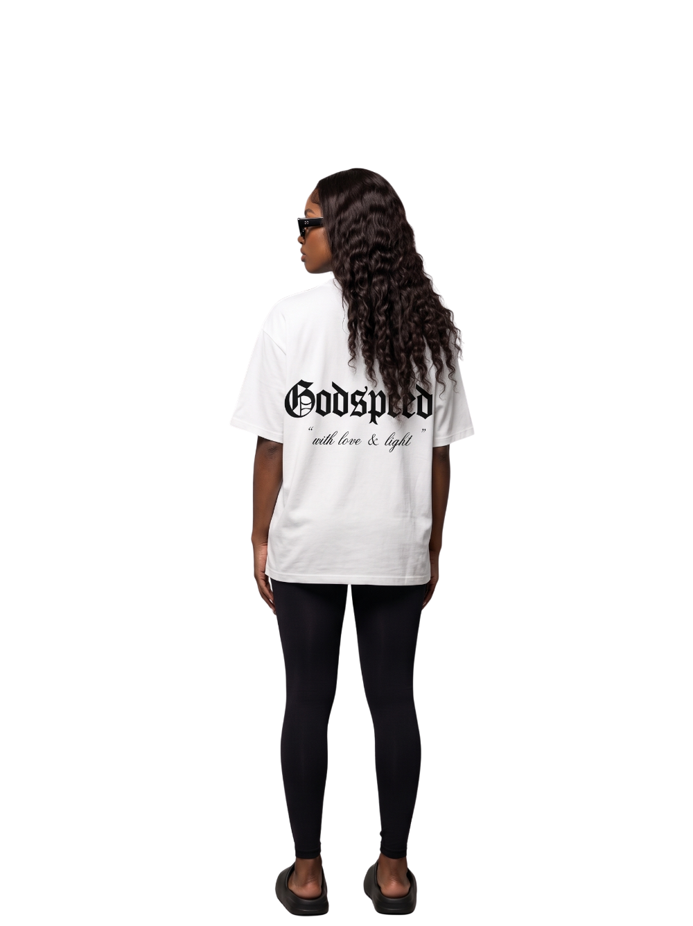 Godspeed white oversized graphic t shirt at unseen grail. local brands south africa. streetwear. men and women. studio image behind full outfit. galxboy, bantu, boys of soweto