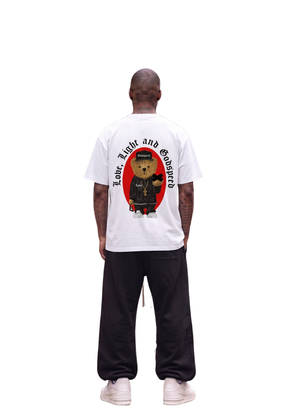 Godspeed white oversized graphic t shirt at unseen grail. local brands south africa. streetwear. men and women. studio image behind full outfit. galxboy, bantu, represent