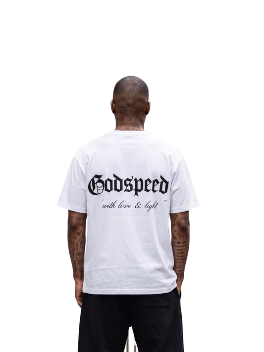 Godspeed white oversized graphic t shirt at unseen grail. local brands south africa. streetwear. men and women. studio image behind male model full outfit. galxboy, bantu, boys of soweto