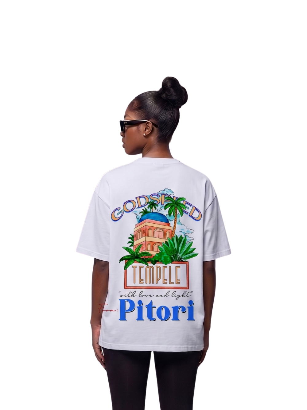 Godspeed white oversized graphic t shirt at unseen grail. local brands south africa. streetwear. men and women. studio image female model behind. galxboy, bantu, el patron