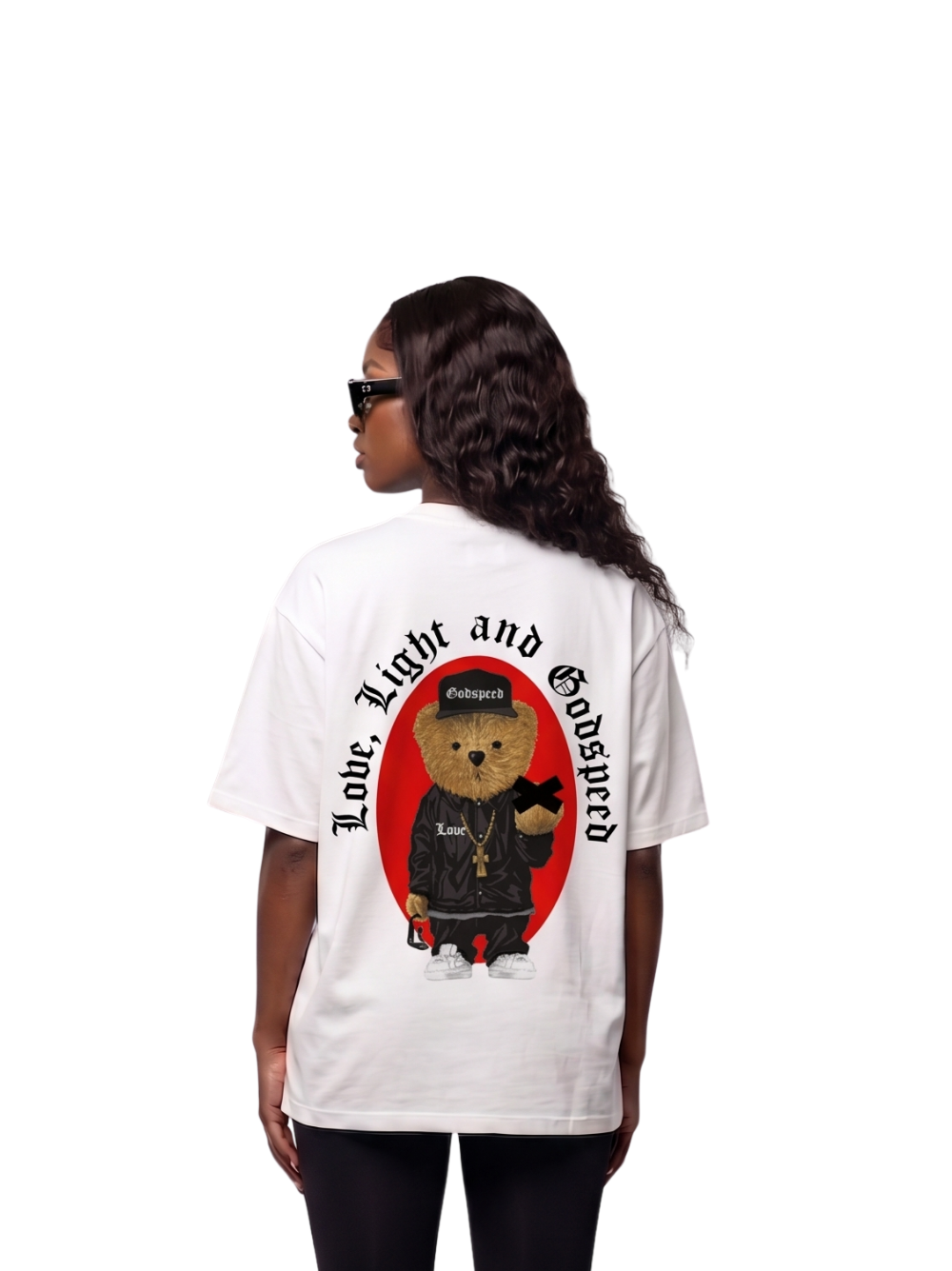 Godspeed white oversized graphic t shirt at unseen grail. local brands south africa. streetwear. men and women. studio image female model behind. galxboy, bantu, represent