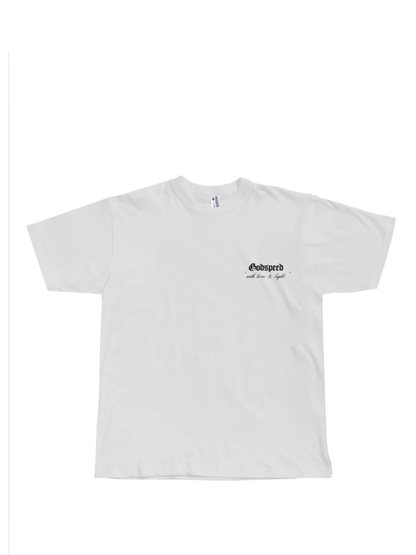 Godspeed white oversized graphic t shirt at unseen grail. local brands south africa. streetwear. men and women. studio image front. galxboy, bantu, el patron. full outfit